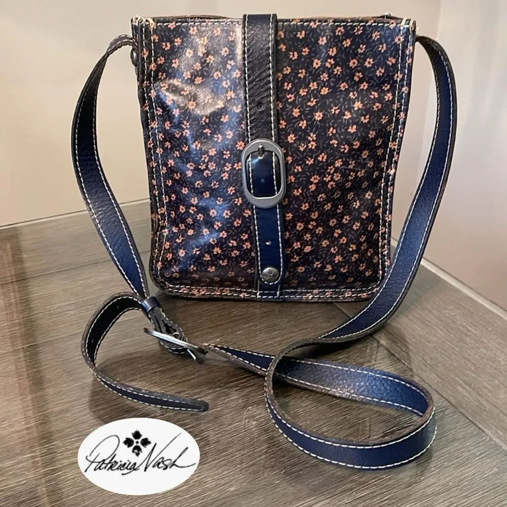 Patrica Nash Venezia Pouch Denim Daises Print, Navy Blue Leather Crossbody